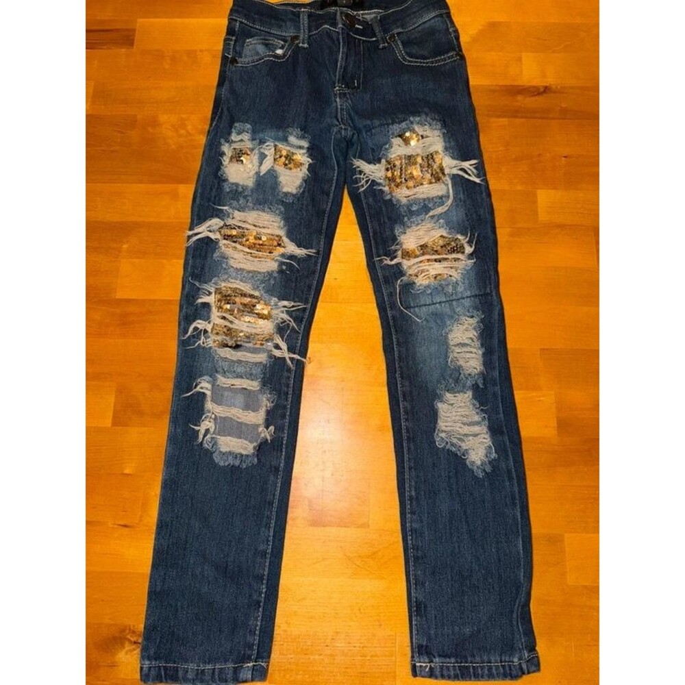 Girls Thrill Distressed Golden Sequin Jeans Size 7